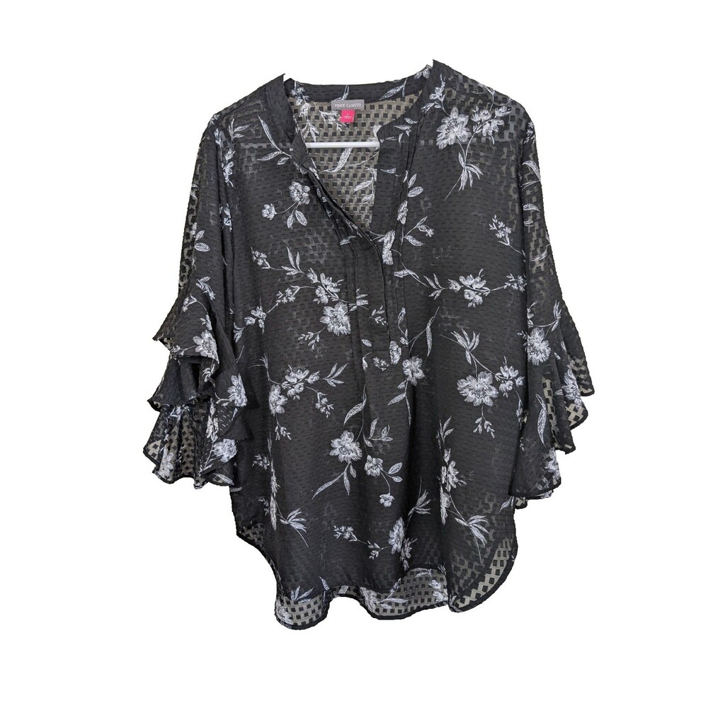 Vince Camuto Blouse Top Black Sheer Floral 3/4 Ruffled Sleeve Boho Large